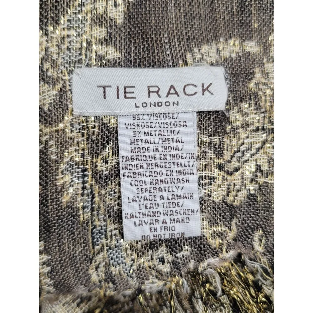 Tie Rack Womens Paisley Scarf Wrap Brown Gold metallic Fringe Viscose Blend Long